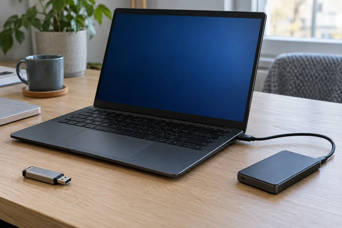 Ноутбук с подключённым внешним накопителем и отдельная установочная USB-флешка
