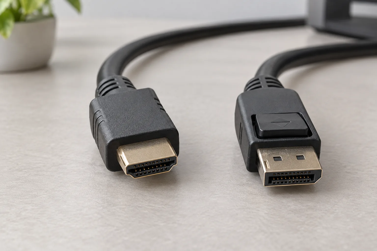 Разъёмы видеокабелей: HDMI слева и DisplayPort с кнопкой фиксатора справа