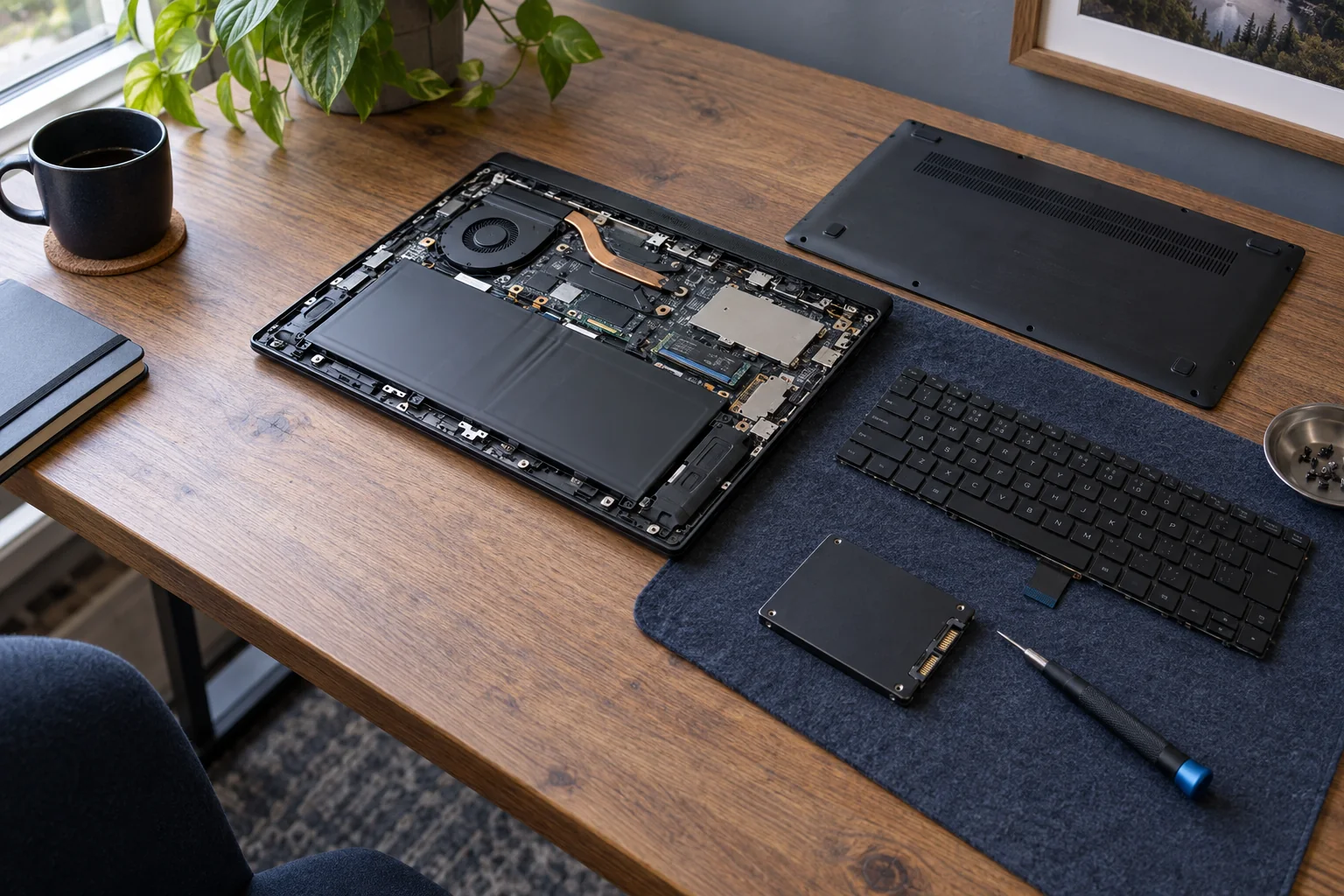 Ноутбук, клавиатурный модуль и SSD на столе для обслуживания
